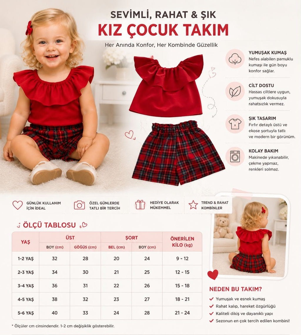 ❤️ Kırmızı Fırfır Yaka Ekose Şortlu Kız Çocuk Takım