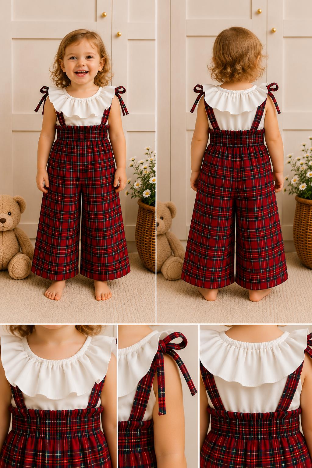🎀 Ekose Askılı Kız Çocuk Takım – Fırfırlı Bluz ve Kırmızı Ekose Bol Paça Pantolon