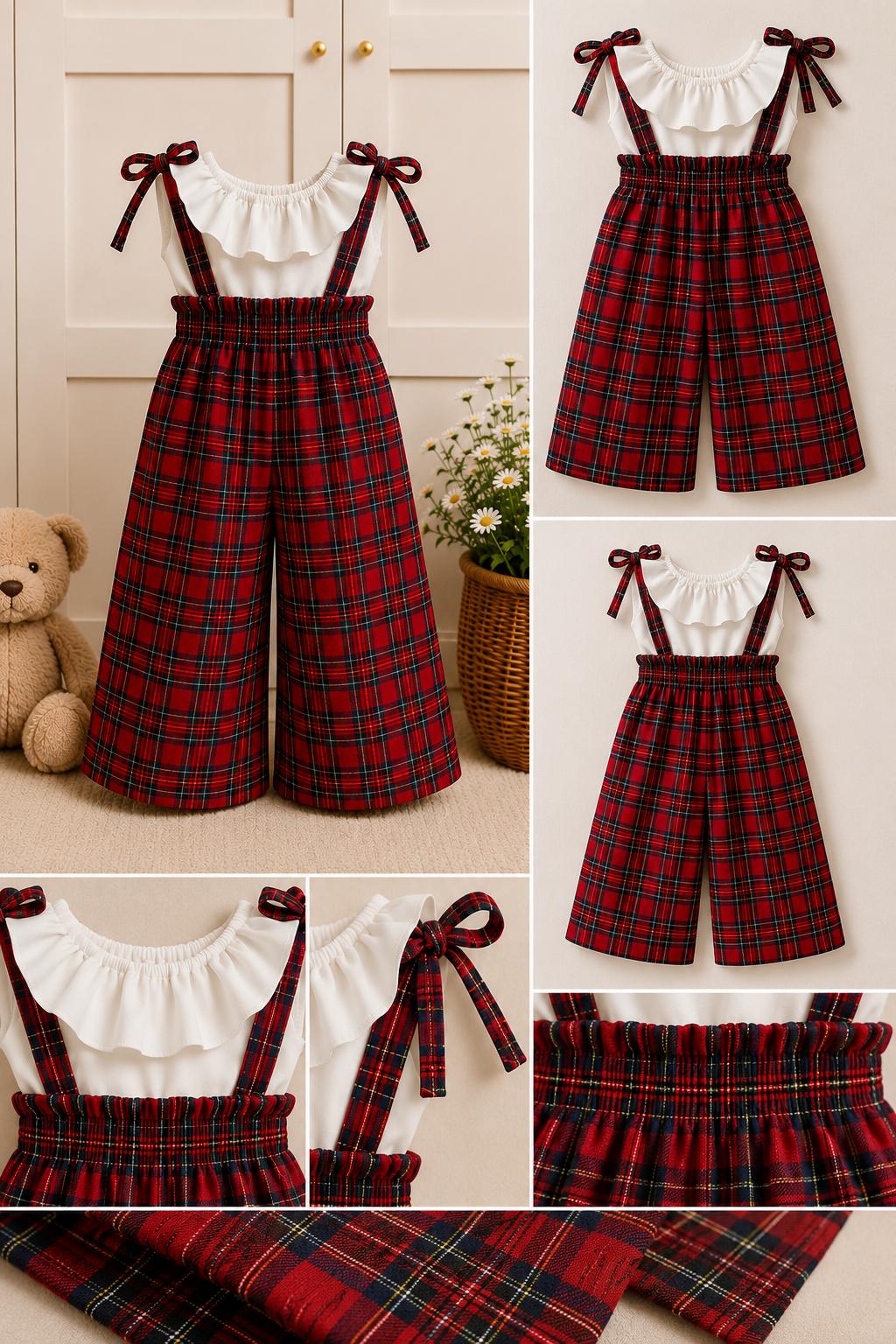 🎀 Ekose Askılı Kız Çocuk Takım – Fırfırlı Bluz ve Kırmızı Ekose Bol Paça Pantolon