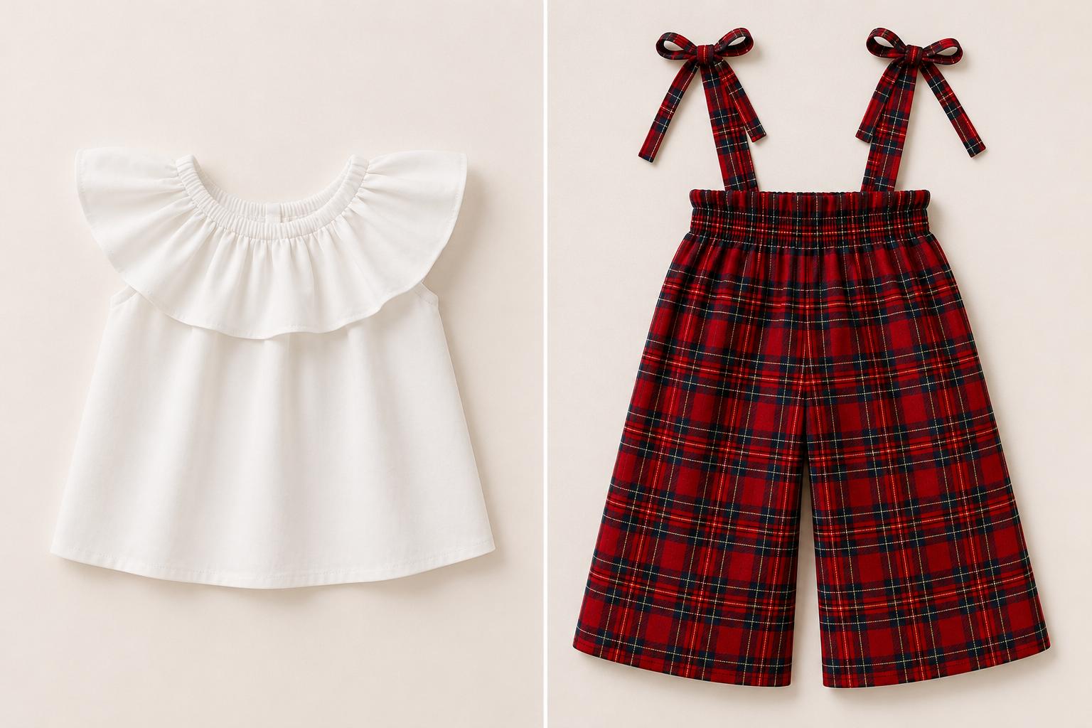 🎀 Ekose Askılı Kız Çocuk Takım – Fırfırlı Bluz ve Kırmızı Ekose Bol Paça Pantolon