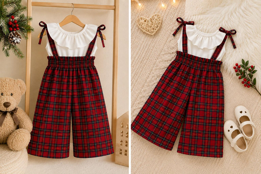 🎀 Ekose Askılı Kız Çocuk Takım – Fırfırlı Bluz ve Kırmızı Ekose Bol Paça Pantolon