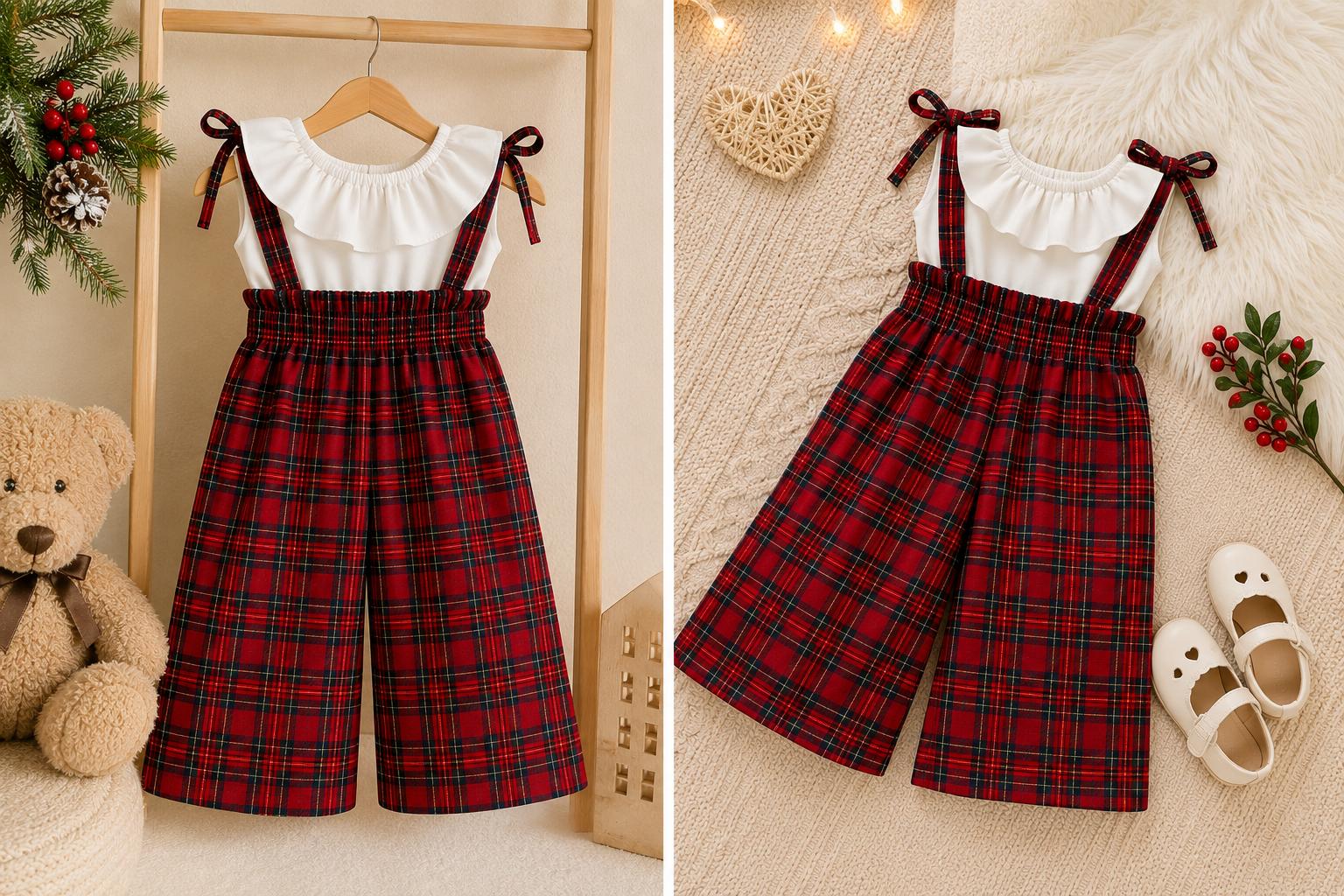 🎀 Ekose Askılı Kız Çocuk Takım – Fırfırlı Bluz ve Kırmızı Ekose Bol Paça Pantolon