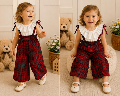 🎀 Ekose Askılı Kız Çocuk Takım – Fırfırlı Bluz ve Kırmızı Ekose Bol Paça Pantolon