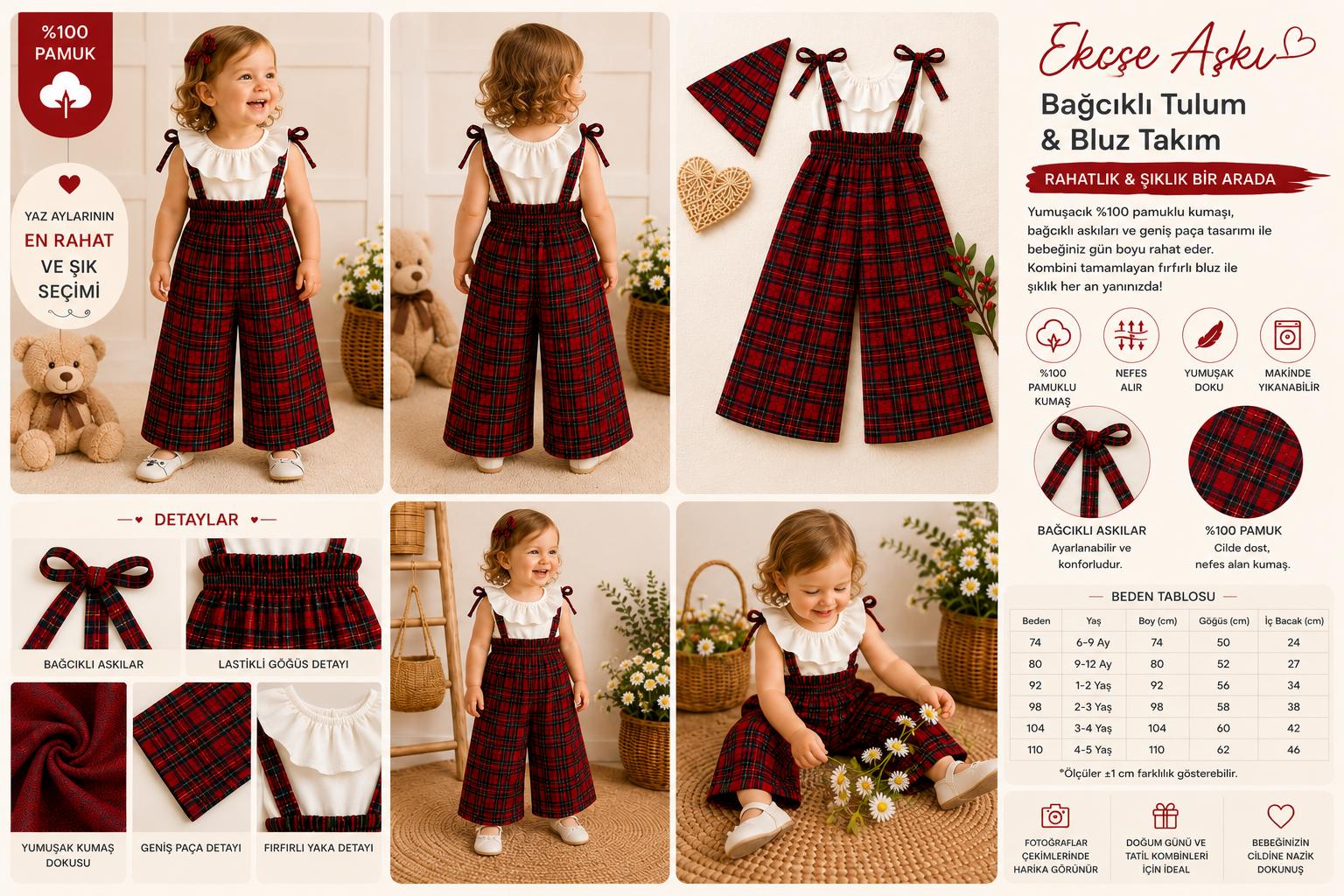 🎀 Ekose Askılı Kız Çocuk Takım – Fırfırlı Bluz ve Kırmızı Ekose Bol Paça Pantolon