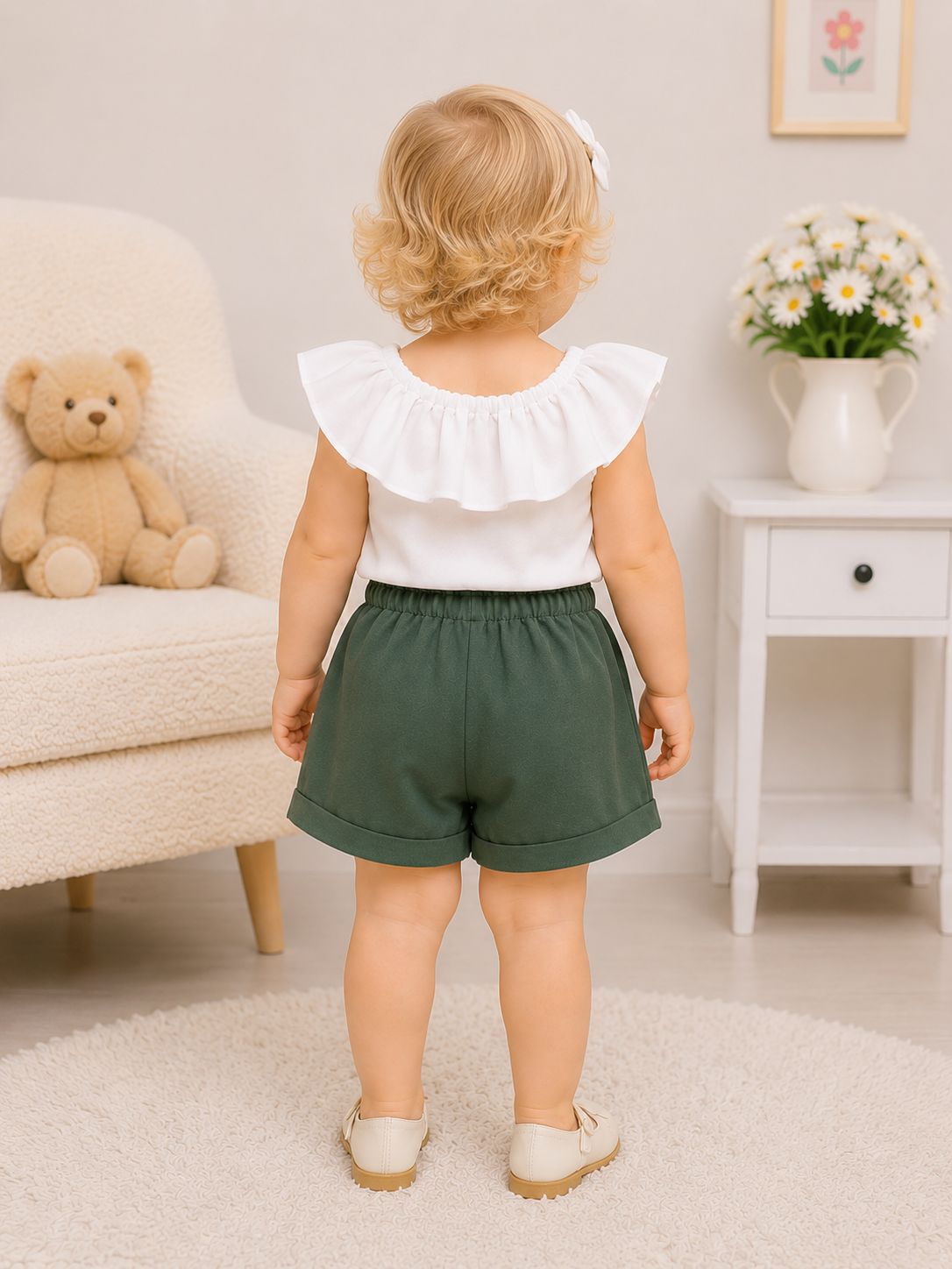 🌿 Kız Çocuk Fırfırlı Bluz Şort Takım – Beyaz Bluz Yeşil Şort 6-9 Ay / 5 Yaş