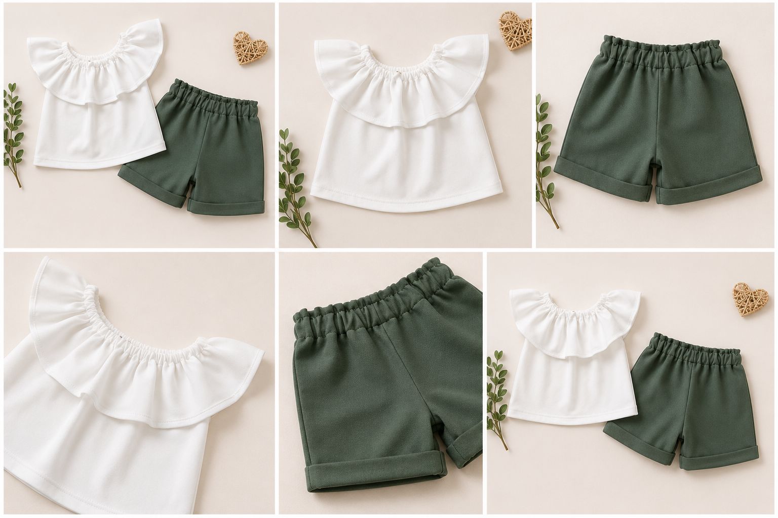 🌿 Kız Çocuk Fırfırlı Bluz Şort Takım – Beyaz Bluz Yeşil Şort 6-9 Ay / 5 Yaş