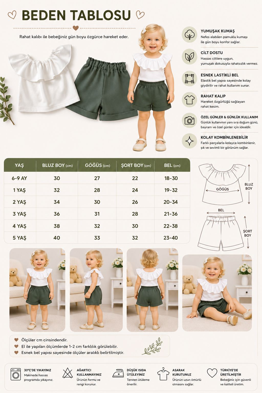🌿 Kız Çocuk Fırfırlı Bluz Şort Takım – Beyaz Bluz Yeşil Şort 6-9 Ay / 5 Yaş