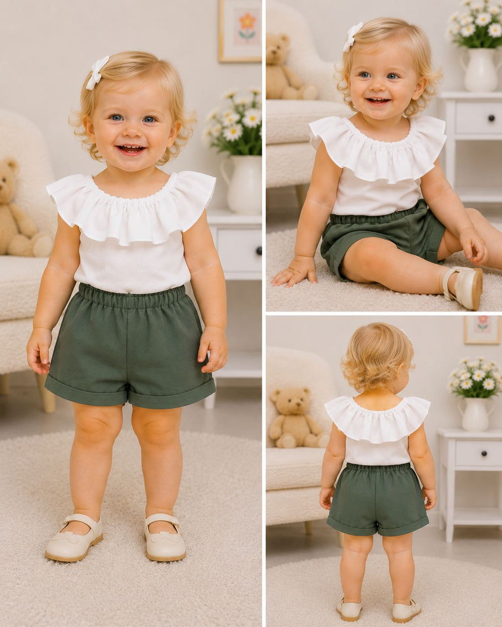 🌿 Kız Çocuk Fırfırlı Bluz Şort Takım – Beyaz Bluz Yeşil Şort 6-9 Ay / 5 Yaş